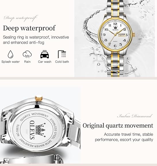 OLEVS Women's Watch Gold Diamond Classic Elegant Dress Wrist Watch Stainless Steel Waterproof Day Date