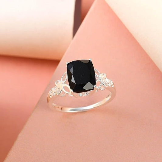 Black Tourmaline Ring in 925 Sterling Silver - October Birthstone Rings for Women - Engagement Promise Floral Statement Vintage Solitaire Tourmaline Jewelry Size 6