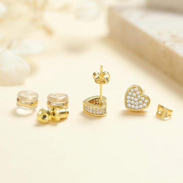 18K Gold Heart Earrings Studs, Cute Heart Shaped Earrings for Women Gold Plated Small Heart Earrings Stud with Cubic Zirconia S925 Hypoallergenic Stud Earrings for Women Jewelry Gift