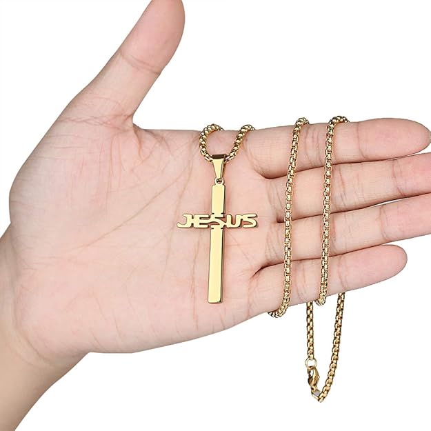 REVEMCN Stainless Steel Jesus Cross Pendant Necklace for Men Women 20-24 Inches Rolo Chain Christian Gifts for Men Faith