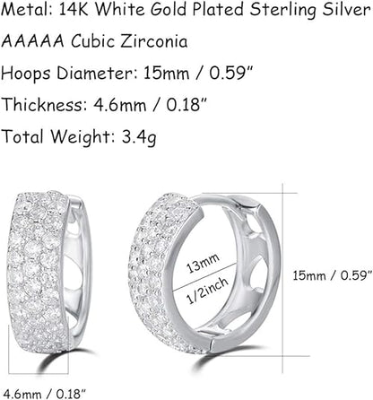 Carleen 14K Gold Plated Sterling Silver Hoop Earrings Pave Set Stunning Cubic Zirconia CZ Simulated Diamond Small Thick Sparkle Silver Hoop Earrings Fine Jewelry