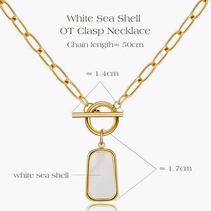 Natural White Sea Shell OT Buckle Long Plate Pendant Necklace For Women Trendy Elegant in Color and Luster Titanium Steel Electroplated with 18K Gold Necklace