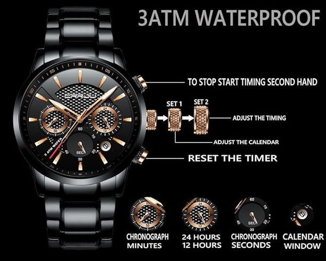 CRRJU Men's Business Casual Chronograph Quartz Waterproof Wristwatch Black Leather Strap