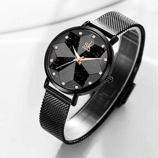 Creative Ultra Thin Minimalist Starry Sky Flower Dial Women Watch with Stainless Steel Mesh Band Genuine Leather Elegant Women Watches