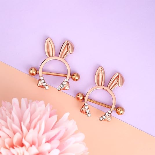 Melighting Dainty Rabbit Nipple Rings 14G Rosy Bunny Ear Clear CZ Nipple Piercing Barbell Surgical Steel 316L Nipple Piercing Jewelry for Women Girls