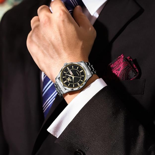 Watches for Men,Dress Analog Quartz Mens Watch, Stainless Steel Waterproof Luminous Wristwatch ,Big Face Calendar Elegant Gift for Men