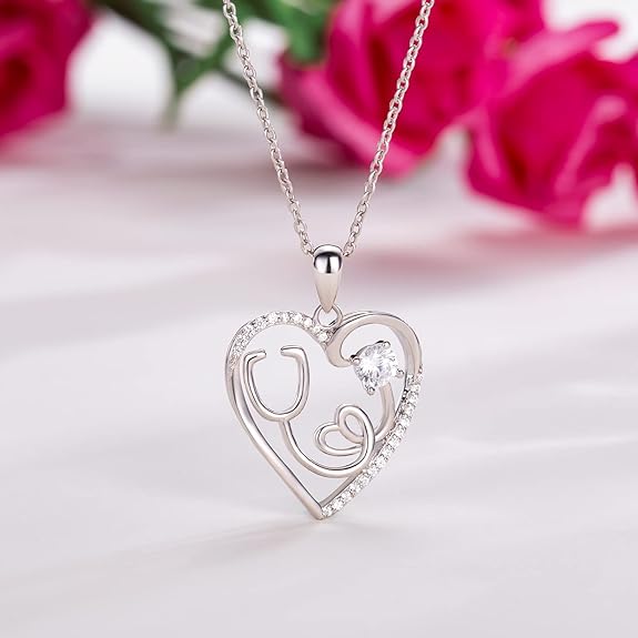 Nurse Gifts for Women 925 Sterling Silver Heart Necklace 14k Gold or Rose Gold Nurse Birthstone Necklace Stethoscope Necklace for Doctor Medical Student RN Thank You Gifts for Graduation or Birthday