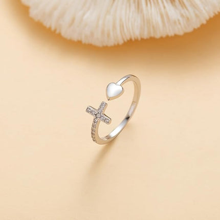 To My Daughter Rings S925 Sterling Silver Cross Ring for Women Cubic Zirconia Sterling Silver Adjustable Rings Christian Pray Silver Cross Rings for Women Thumb Ring With Inspirational Card