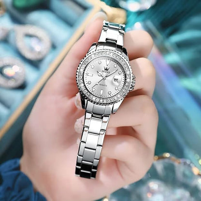 OLEVS Women's Casual Stainless Steel Watch, Small Wrist Simple Watch for Women, Elegant Diamond Roman Numerals Ladies Dress Watch