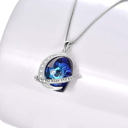 Gifts for Love Sterling Silver Couple Heart Pendant Necklace with Blue Crystal Elements Jewelry Gift for Wife Girlfriend