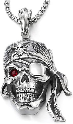 COOLSTEELANDBEYOND Mens Steel Viking Pirate Skull Pendant Necklace with Cubic Zirconia and Wheat Chain
