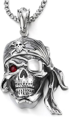 COOLSTEELANDBEYOND Mens Steel Viking Pirate Skull Pendant Necklace with Cubic Zirconia and Wheat Chain