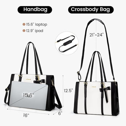 LOVEVOOK Laptop Bag for Women, Large Capacity Work Tote Bag, Fashion Shoulder Bag with Clutch Purse, 15.6-inch Computer Business Briefcase Travel Bag 2 Pcs Set, White-Black