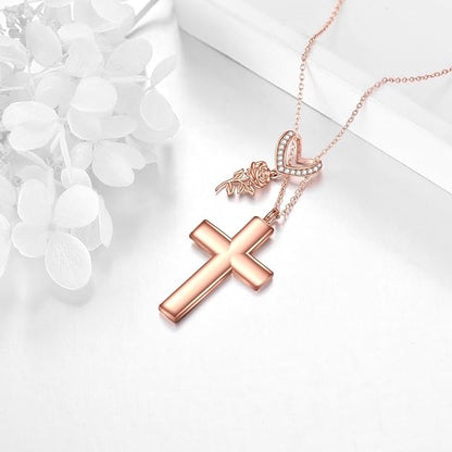 Cross Necklace for Women 925 Sterling Silver Rose Flower/Sunflower Pendant Flower Religious Christian Jewelry Gift for Girls