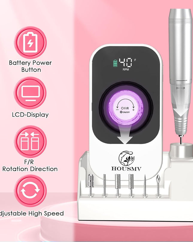 Portable Nail Drill Electric File: 40000RPM Professional Rechargeable Nail E-File Machine, Cordless Nail Drill with Bits & Base for Acrylic Nails Remove Nail Gel Polish Manicure for Salon Home, White
