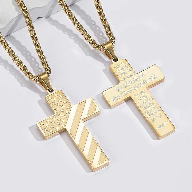 DuoDiner 24 Inch Cross Necklace for Men Boys Bible Verse American Flag Pendant Baptism Religious First Communion Jewelry Gift