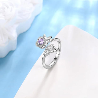 Jewmon Butterfly Rose Birthstone Ring for Women 925 Sterling Silver Butterfly Birth Stone Ring Birhstone Rose Ring Flower Elegant Promise Band Ring Butterfly Birthstone Jewelry Gifts for Her