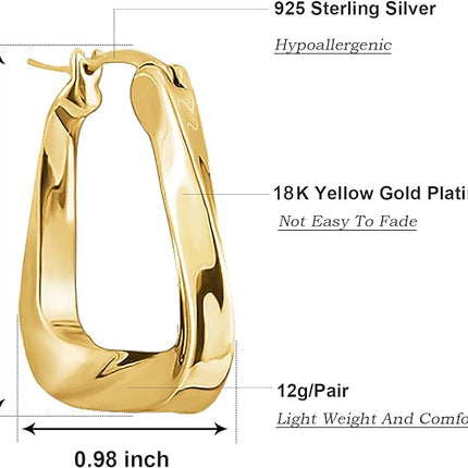 KesaPlan Thick Gold Hoop Earrings for Women,18K Gold Plated Sterling Silver Chunky Hoop Earrings Fashion Geometry Square Earrings Gold Jewelry for Gifts