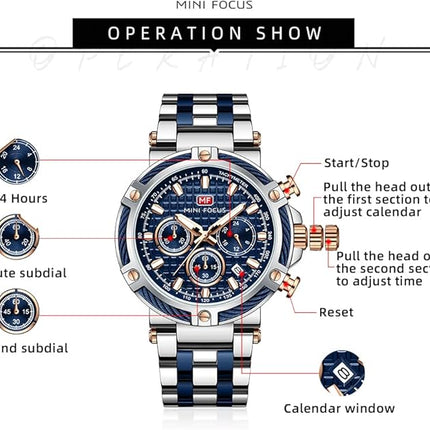MF MINI FOCUS Business Men Watches (Chronograph/Waterproof/Luminous/Calendar/24 Hours) Big Face Stainless Steel Band Watches for Men