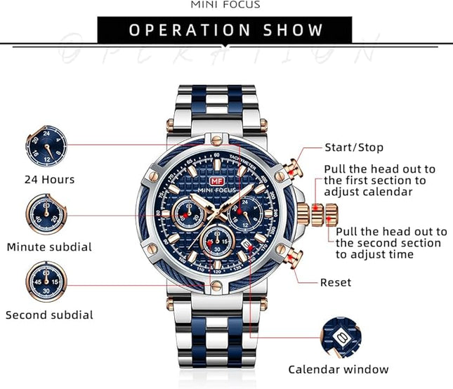 MF MINI FOCUS Business Men Watches (Chronograph/Waterproof/Luminous/Calendar/24 Hours) Big Face Stainless Steel Band Watches for Men