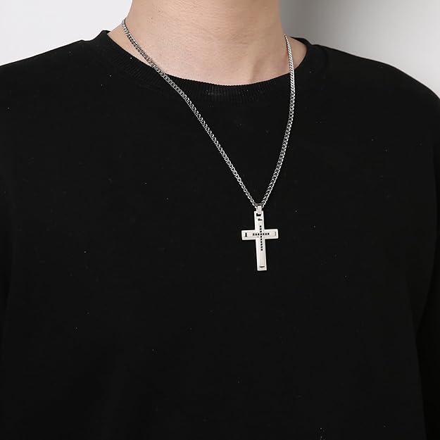 HZMAN Cross Necklace for Men Stainless Steel Polished Double Layer Crucifix Necklace with 24Inch Cuban Chain