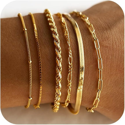 DEARMAY Gold Bracelets for Women Waterproof, 14K Real Gold Jewelry Sets Trendy Thin Dainty Stackable Cuban Link Paperclip Chain Bracelet Pack Fashion Accessories Gifts for Womens