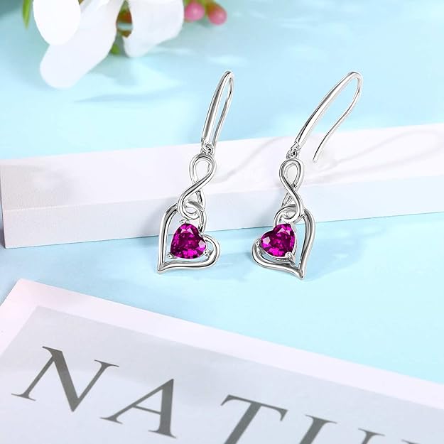 Shysnow Birthstone Infinity Dangle Earrings for Women 925 Sterling Silver Heart Cubic Zirconia Drop Gemstone Dangling Earrings Birthstones Jewelry