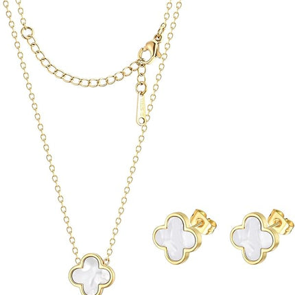 Clover Necklace and Stud Earrings Jewelry Set White Black Red Clover Pendant Necklace 18k Gold Plated Four Leaf Clover Necklace Earrings Set Gifts for Women