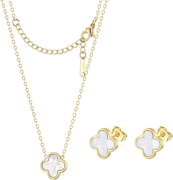 Clover Necklace and Stud Earrings Jewelry Set White Black Red Clover Pendant Necklace 18k Gold Plated Four Leaf Clover Necklace Earrings Set Gifts for Women