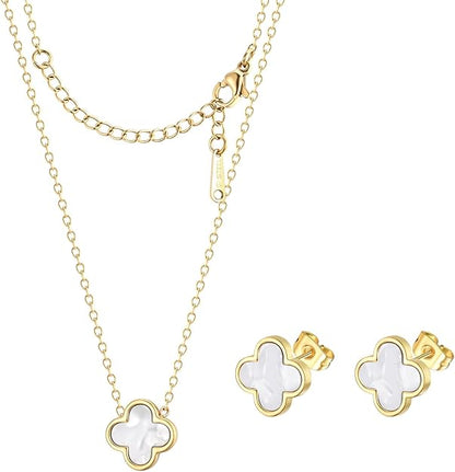 Clover Necklace and Stud Earrings Jewelry Set White Black Red Clover Pendant Necklace 18k Gold Plated Four Leaf Clover Necklace Earrings Set Gifts for Women
