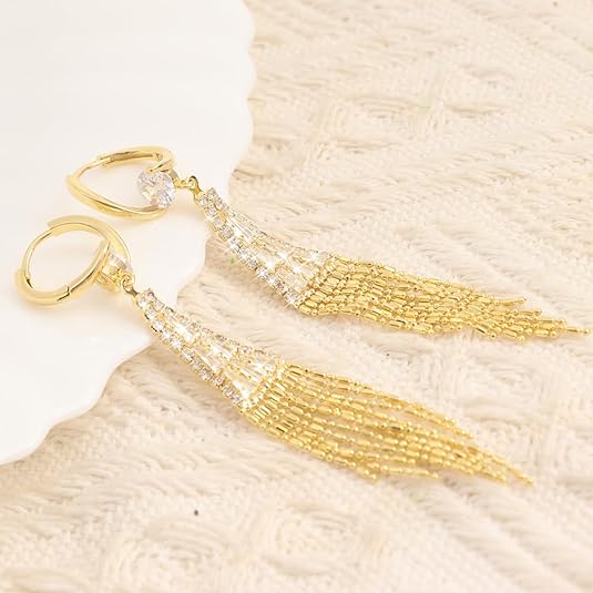 Gold Earrings for Women Chandelier Dangle Earrings 18k Gold Plated Cubic Zircon Drop Earrings Crystal Fringe Long Tassel Earrings