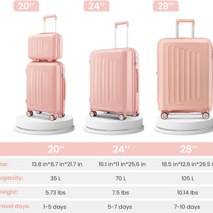 Luggage Set 4 Piece Suitcase Sets with Double Spinner Wheel, Expandable Hardside Travel Luggage with TSA Lock (14/20/24/28), PP Material Hardshell Carry on Travel Suitcases (D# Pink)