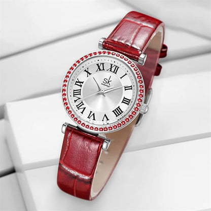 SHENGKE SK Fashion Crystal-Accented Watch for Women with Roman Numerals, Easy Read Dial Watch.