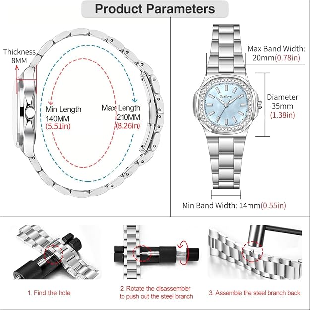 Szaikyri Elegant Watch for Women with Crystal Accented Solid Stainless Steel Band Ladies Dress Watch