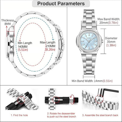 Szaikyri Elegant Watch for Women with Crystal Accented Solid Stainless Steel Band Ladies Dress Watch