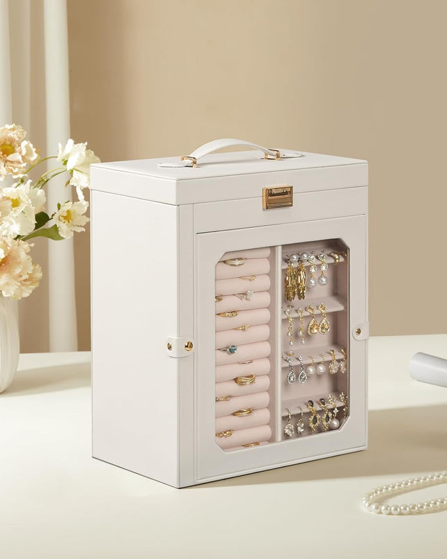 HOOBRO Jewelry Box with Mirror, Travel Jewelry Organizer with Glass Window, Vertical Storage, Christmas Gift, Gift for Loved Ones, for Earrings, Rings, Necklaces, Bracelets, White WT03JB04G2