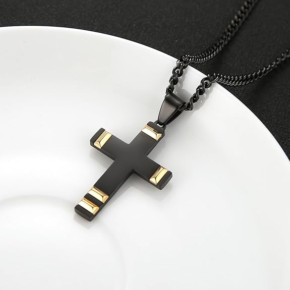 HZMAN Cross Necklace for Men Stainless Steel High Polished Classic Crucifix Pendant with 24Inch Cuban Chain