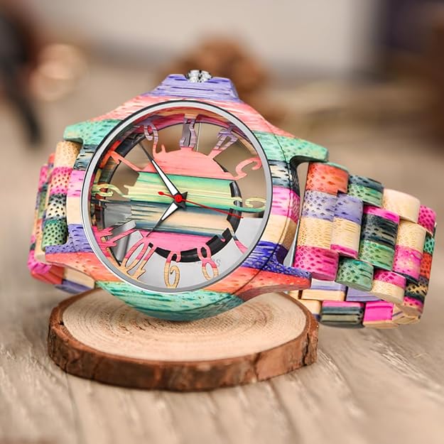 Dentily Wooden Watches for Men Handmade Colorful Bamboo Engraved Wood Watch Analog Quartz Men's Wooden Watch