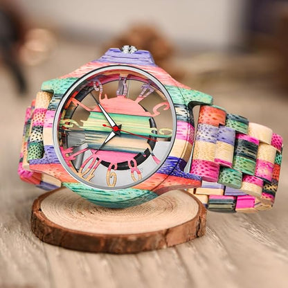 Dentily Wooden Watches for Men Handmade Colorful Bamboo Engraved Wood Watch Analog Quartz Men's Wooden Watch