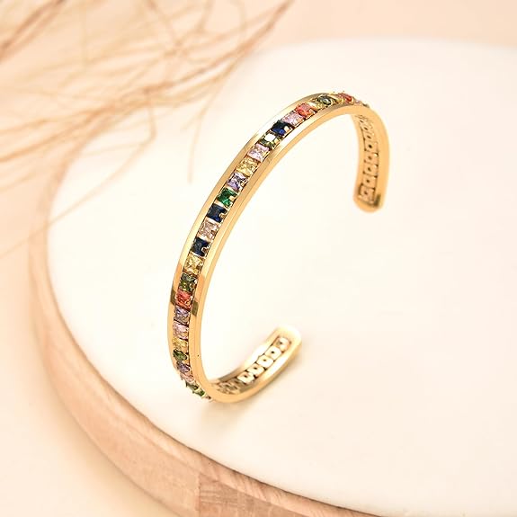 Gold Plated Stainless Steel Rainbow Cubic Zirconia Open Bangle, Multicolor Colorful CZ Cuff Bangle Bracelet for Women Adjustable