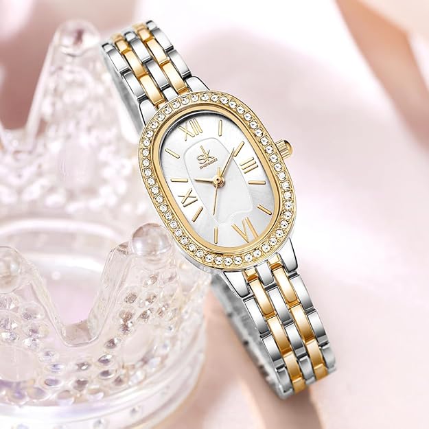 SK Women’s Oval-Shaped Crystal-Accented Solid Alloy Steel Bracelet Watch