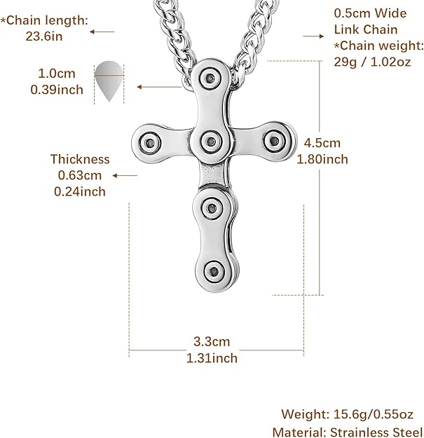 HZMAN Silver Cross Necklace for Men Hip Hop Stainless Steel Rotatable Bicycle Chain Men's Cross Pendant Necklace Jewelry Gift