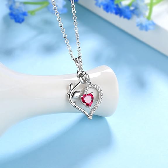 Jewmon Heart Rose Birthstone Necklace for Women 925 Sterling Silver Rose Flower Heart Birthstone Pendant Necklace Rose Necklace Birthstone Jewelry for Birthday Draduation Christmas Gift for Women Girl