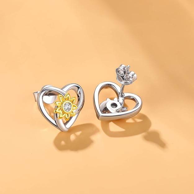 SNZM Stud Earrings for Women, S925 Sterling Silver Sunflower Earrings for Women Girls, Dainty Heart Stud Earrings Ear Wrap Jewelry for Valentine's Day/Birthday Gift