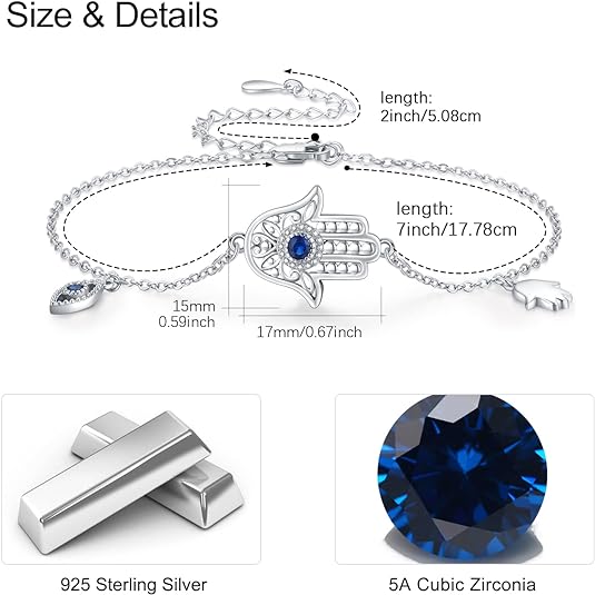 Blue Evil Eye Bracelets 925 Sterling Silver Bracelets for Women Hand of Fatima Zirconia Bracelet Jewelry Gifts for Women