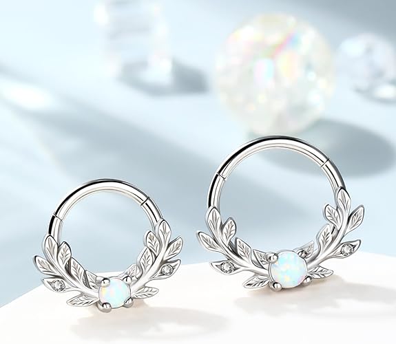 Melighting Opal Septum Ring 16G Vine Septum Jewelry Stainless Steel 316L Septum Piercing 10mm Daith Piercing Jewelry 8mm Conch Helix Earring Cartilage Earring for Women