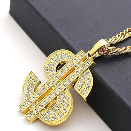 Gold Chain with Dollar Sign Big Money Necklaces for Men Women, Stainless Steel Iced Out Rhinestone Jewelry, Fashion Pendants with 28 Inches Chain