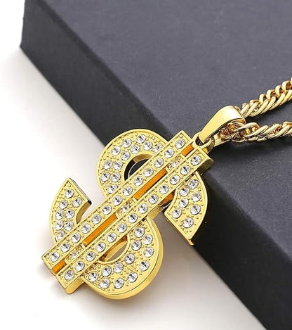 Gold Chain with Dollar Sign Big Money Necklaces for Men Women, Stainless Steel Iced Out Rhinestone Jewelry, Fashion Pendants with 28 Inches Chain