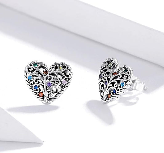 Qings Tree of Life Earrings Heart Studs, 925 Sterling Silver Earrings Hypoallergenic Studs, Jewellery Gifts For Her Women Valentine's Day Engagement Birthday Anniversary with Gift Box