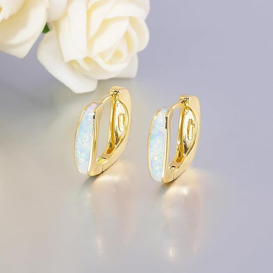 CiNily Huggie Hoop Earrings for Women Hypoallergenic, Square Opal Hinged Hoop Earrings, 14K Gold Plated Chunky Gold Hoop Earrings for Sensitive Ears Lightweight Jewelry for Christmas Gifts